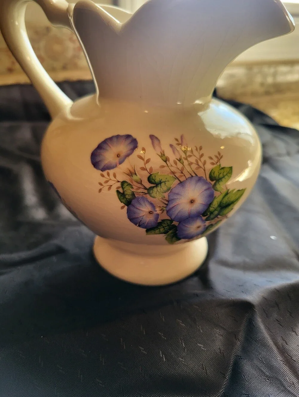White Ceramic Floral 5.5 x 6 In Pitcher with Blue / Purple Morning Glory Design